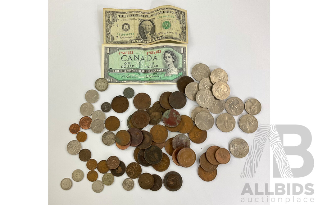 Collection of Vintage Coins Including Australian Commemorative Fifty Cents, Pennies Spanning 1926 to 1964, Great Britain Pennies Spanning 1862 to 1921, Germany, France, New Zealand, Canada, USA