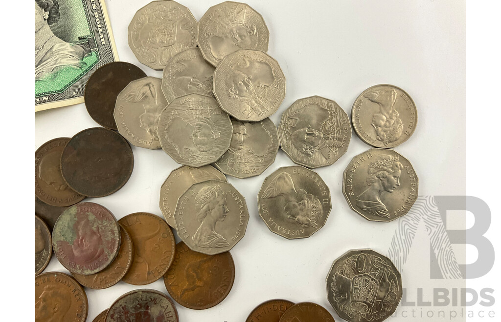 Collection of Vintage Coins Including Australian Commemorative Fifty Cents, Pennies Spanning 1926 to 1964, Great Britain Pennies Spanning 1862 to 1921, Germany, France, New Zealand, Canada, USA