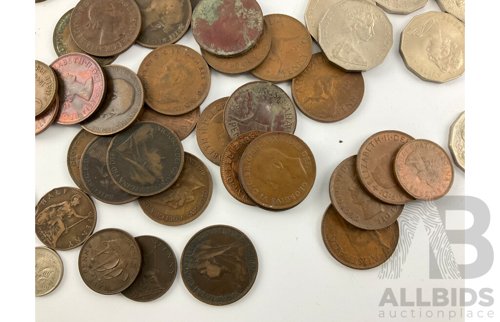 Collection of Vintage Coins Including Australian Commemorative Fifty Cents, Pennies Spanning 1926 to 1964, Great Britain Pennies Spanning 1862 to 1921, Germany, France, New Zealand, Canada, USA