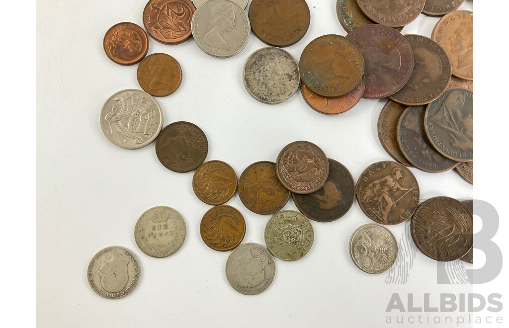 Collection of Vintage Coins Including Australian Commemorative Fifty Cents, Pennies Spanning 1926 to 1964, Great Britain Pennies Spanning 1862 to 1921, Germany, France, New Zealand, Canada, USA