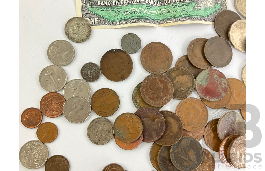 Collection of Vintage Coins Including Australian Commemorative Fifty Cents, Pennies Spanning 1926 to 1964, Great Britain Pennies Spanning 1862 to 1921, Germany, France, New Zealand, Canada, USA