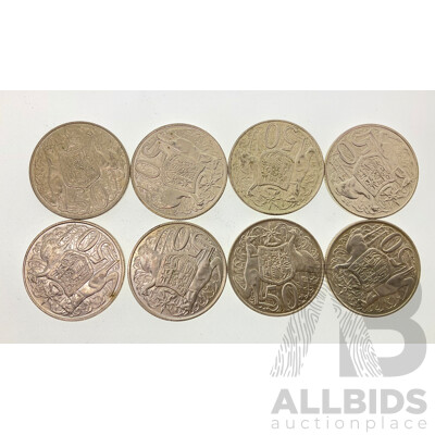 Eight Australian 1966 Round Fifty Cent Coins .800