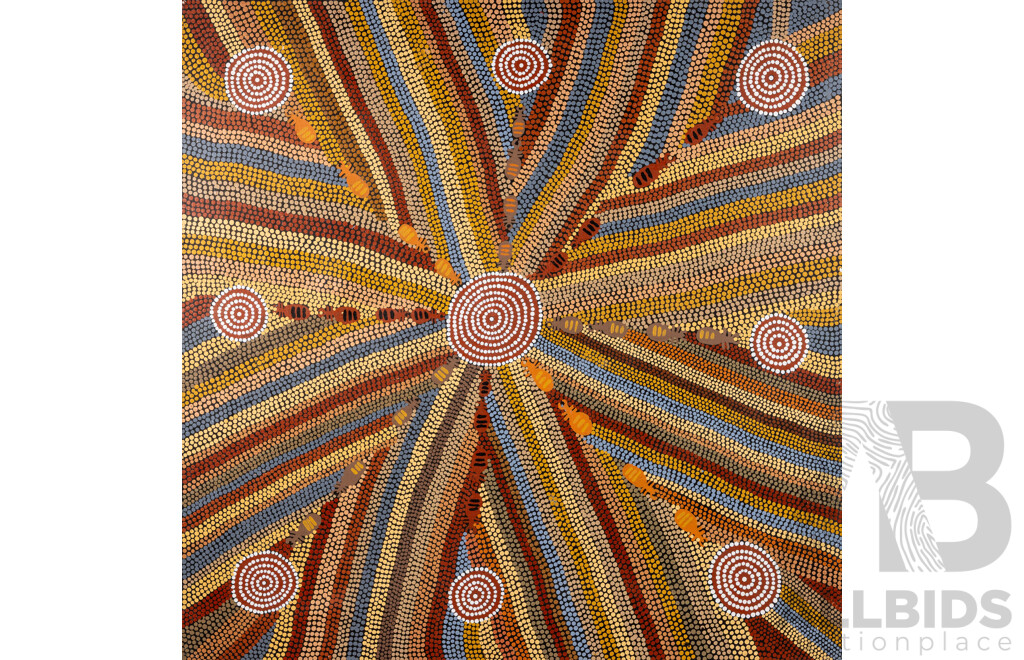 Artist Unknown (20th Century, Inidigenous-Australian), Our Land - Insect Dreaming, Original Vintage Acrylic on Stretched Canvas Cloth, 91 x 91 cm