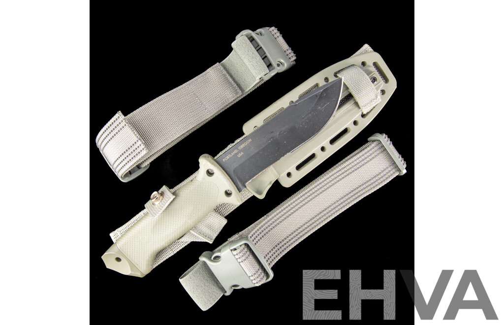 Sheath Knife with Leg Strap by Gerber Legendary Blades, Portland USA, with Sharpener in Interior of Sheath