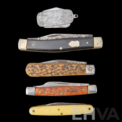 Collection Five Vintage Pocket Folding Knifes