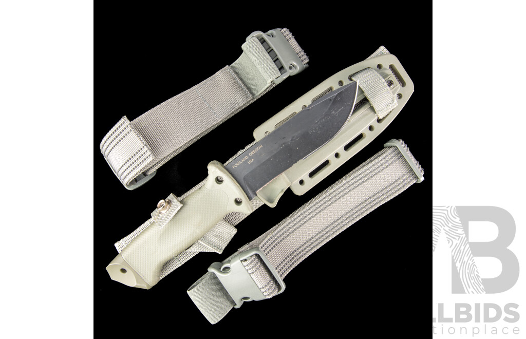 Sheath Knife with Leg Strap by Gerber Legendary Blades, Portland USA, with Sharpener in Interior of Sheath