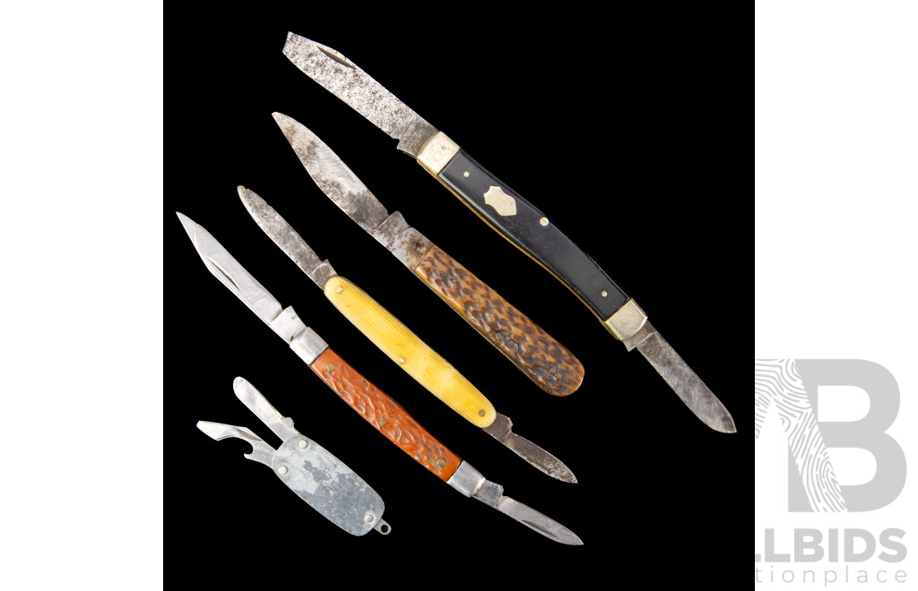 Collection Five Vintage Pocket Folding Knifes
