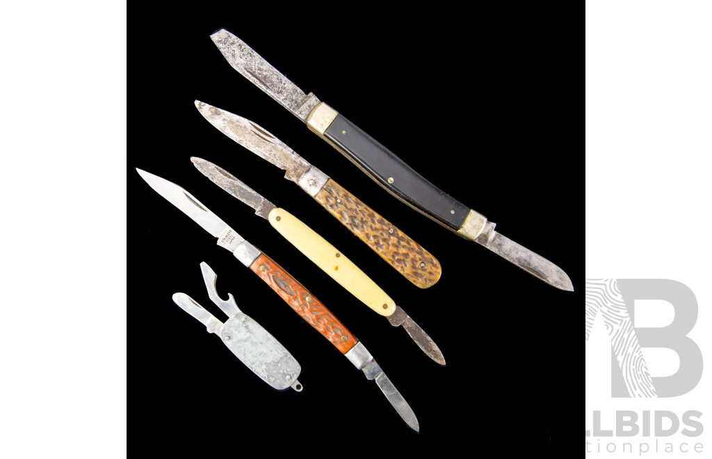 Collection Five Vintage Pocket Folding Knifes