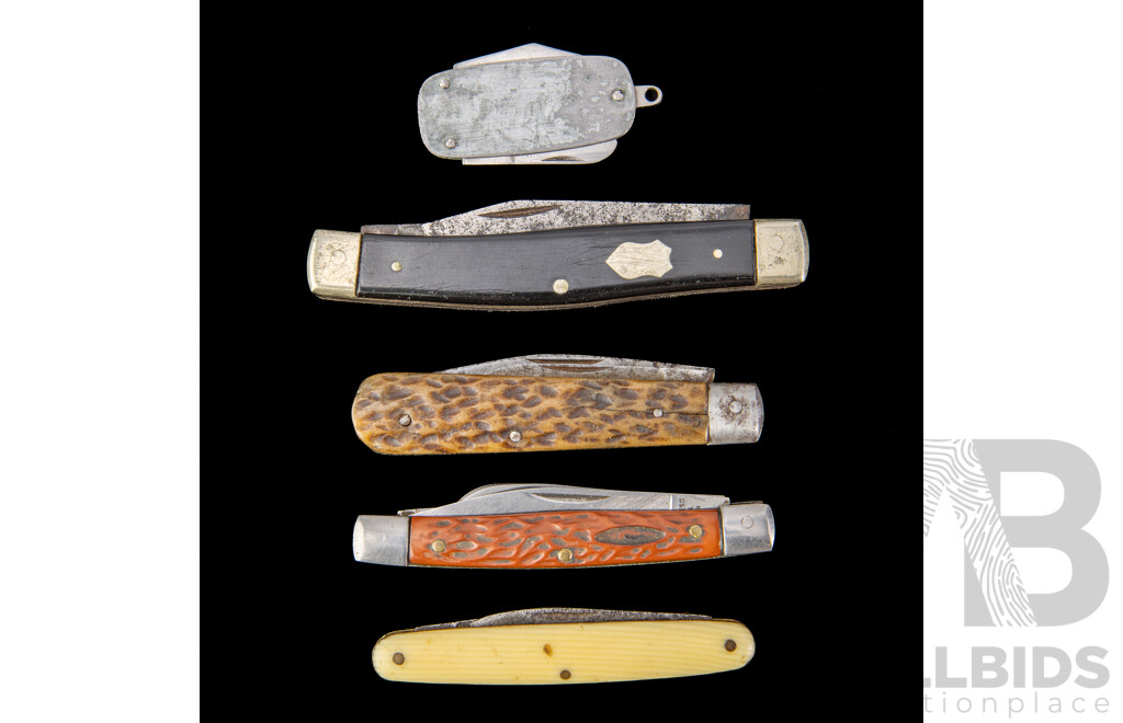 Collection Five Vintage Pocket Folding Knifes