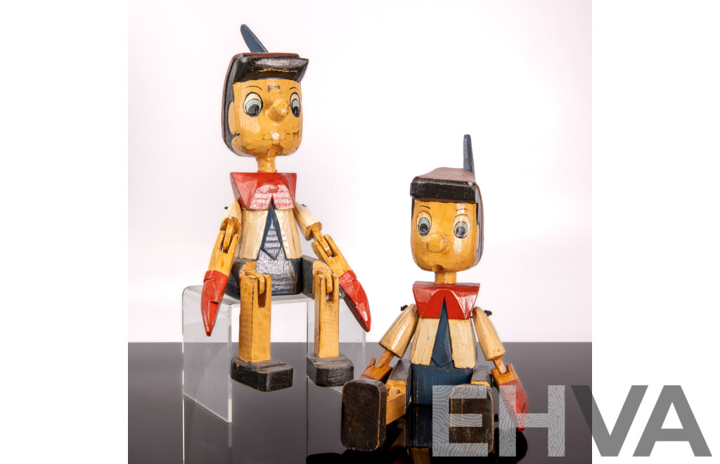 Two Antique Style Wooden Painted Pinocchio Puppet Figures
