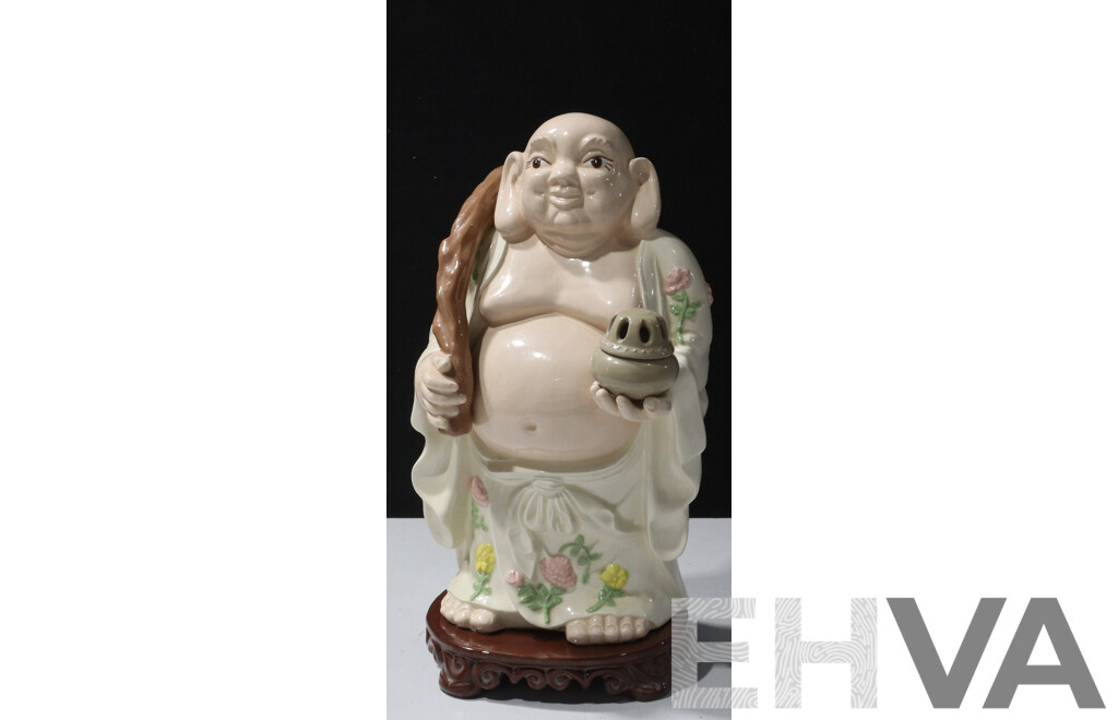 Large Chinese Ceramic Hollow Buddha with Celadon Lidded Censer in Hand, on Ceramic Stand