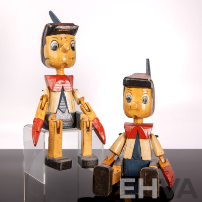 Two Antique Style Wooden Painted Pinocchio Puppet Figures