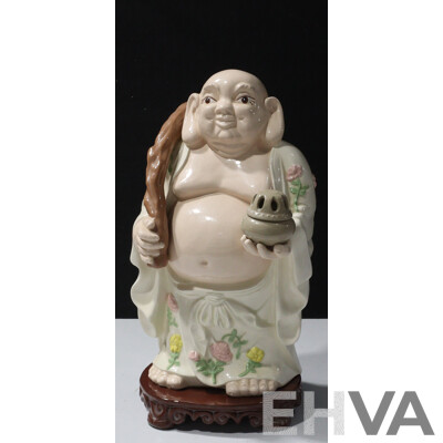 Large Chinese Ceramic Hollow Buddha with Celadon Lidded Censer in Hand, on Ceramic Stand