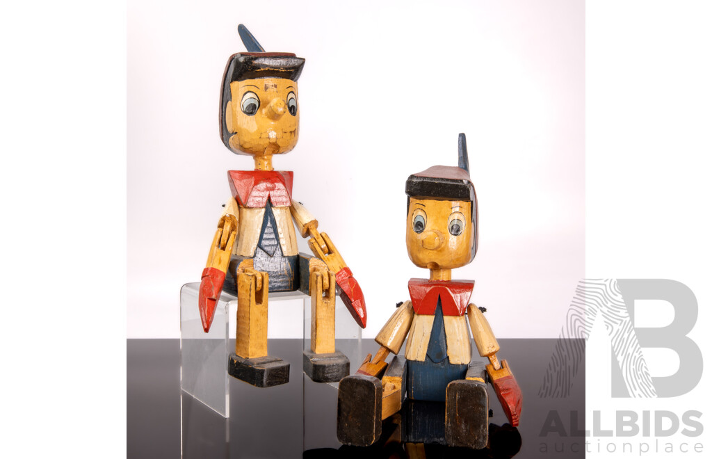 Two Antique Style Wooden Painted Pinocchio Puppet Figures