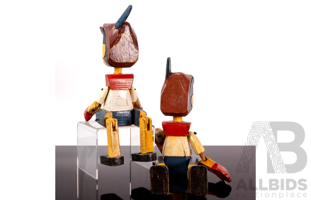 Two Antique Style Wooden Painted Pinocchio Puppet Figures