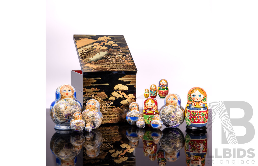 Two Vintage Hand Painted Russian Babushka Dolls, One Wirth Ten Layers, One with Five Layers, Along with Three Level Japanese Lacquer Ware Box
