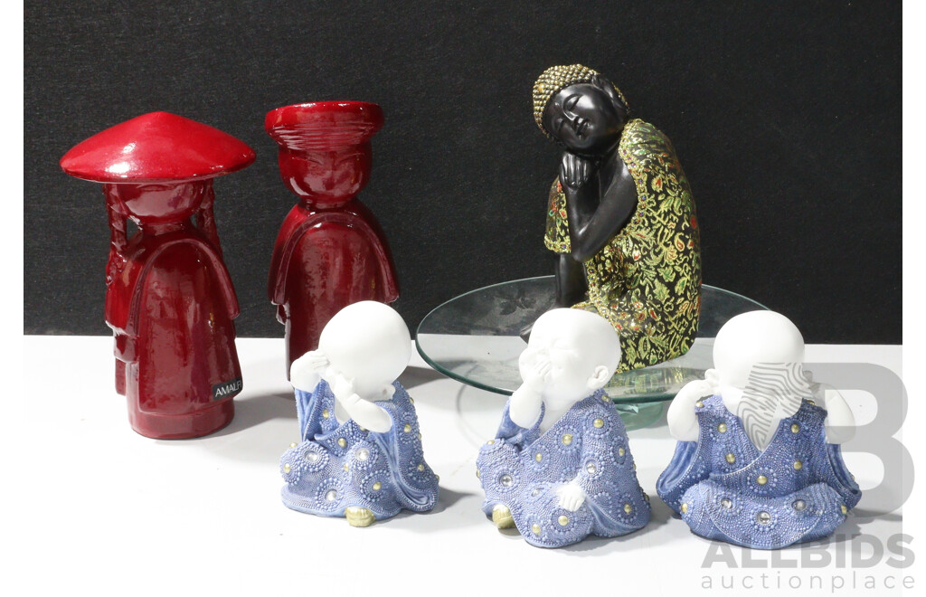Collection Asian Themed Decorative Wares Including Pair Ceramic Red Figurs, Three Composite Babies and Composite Buddha Figure on Glass Stand