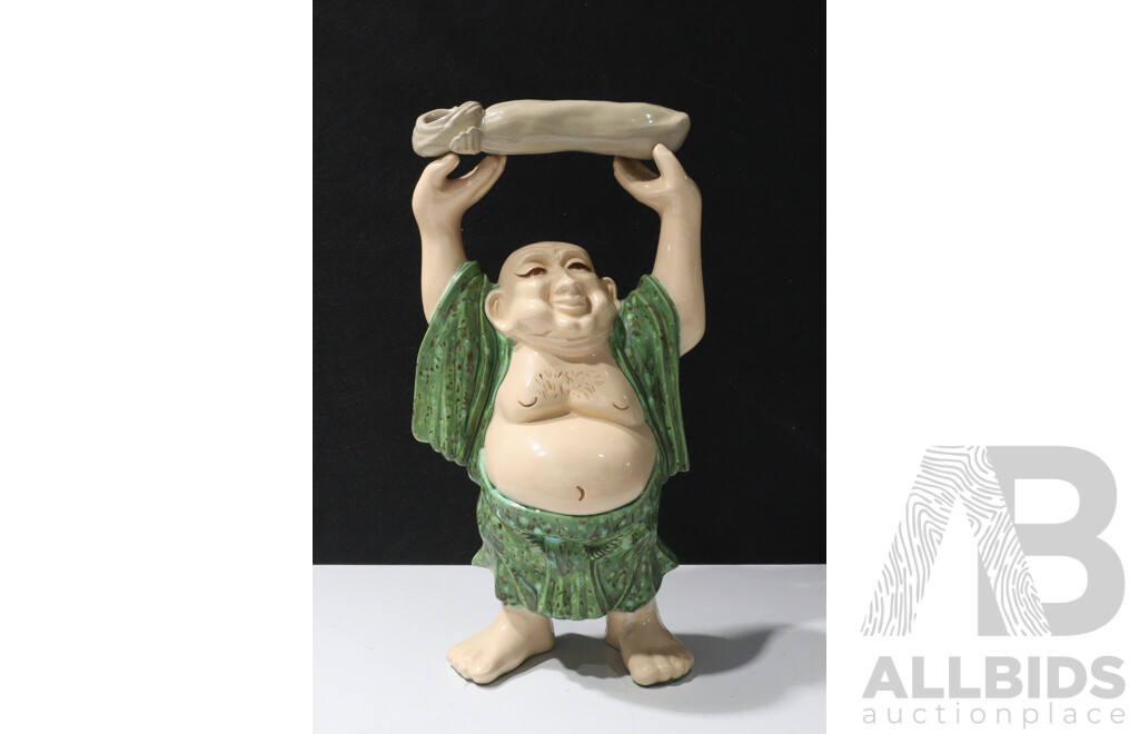 Large Chinese Ceramic Hollow Buddha with Upraised Hands & Celadon Scarf