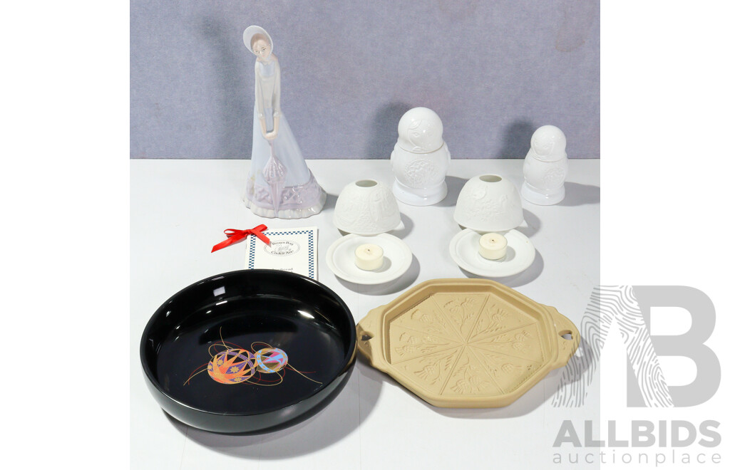 Collection Decorative Items Including Composite Figures, Porcelain Lady Figure. Four Brown Bag Cookie Moulds and More
