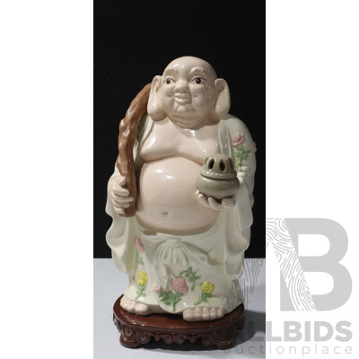 Large Chinese Ceramic Hollow Buddha with Celadon Lidded Censer in Hand, on Ceramic Stand