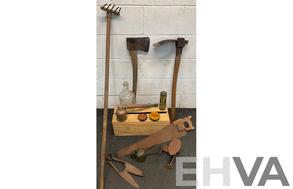 Assorted Vintage Tools - Decor, Including Cast Iron Shoe Anvil, Sprayer, Oil Can and More  - Lot of 12
