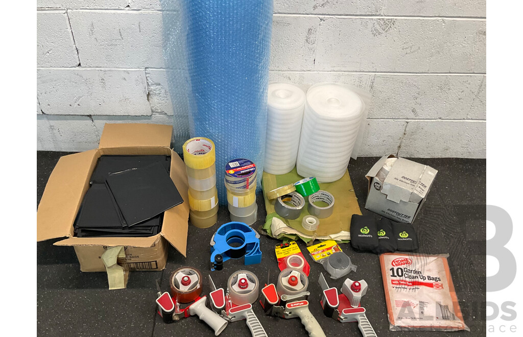 Assorted Packing and Moving Supplies, Including Bubble Wrap, Foam Wrap, Tapes, Garden Bags and More