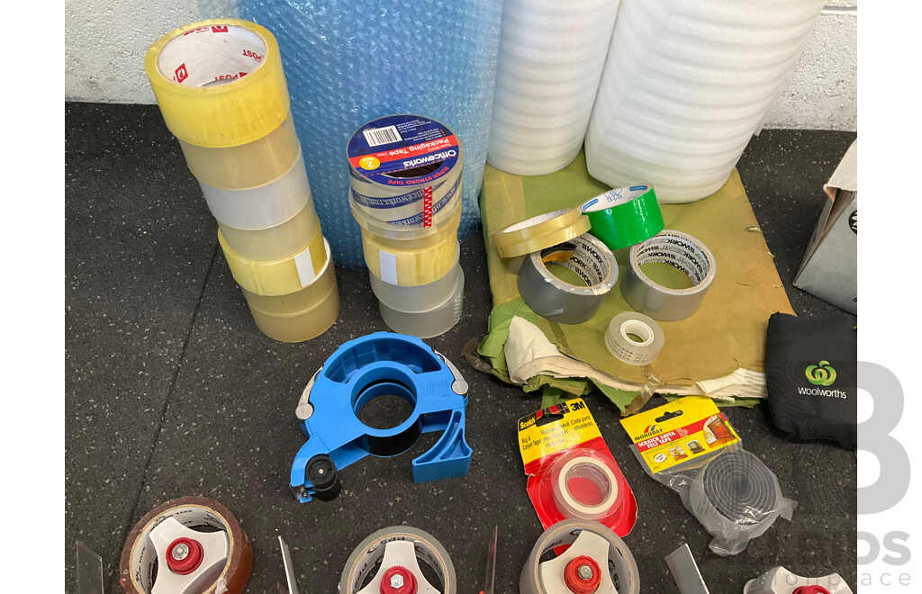Assorted Packing and Moving Supplies, Including Bubble Wrap, Foam Wrap, Tapes, Garden Bags and More