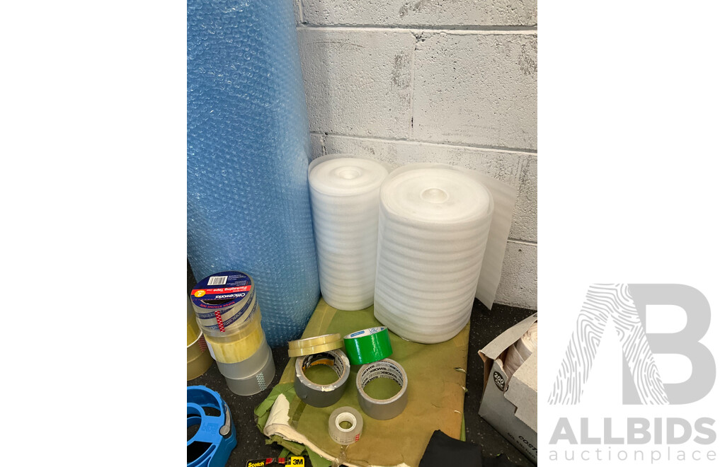 Assorted Packing and Moving Supplies, Including Bubble Wrap, Foam Wrap, Tapes, Garden Bags and More