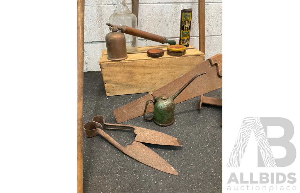 Assorted Vintage Tools - Decor, Including Cast Iron Shoe Anvil, Sprayer, Oil Can and More  - Lot of 12
