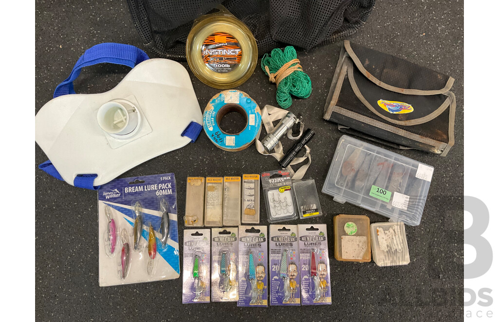 Assorted Fishing Accesories, Including Large Landing Net, Lures and Others