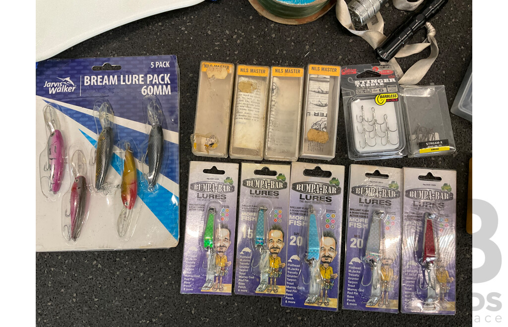 Assorted Fishing Accesories, Including Large Landing Net, Lures and Others