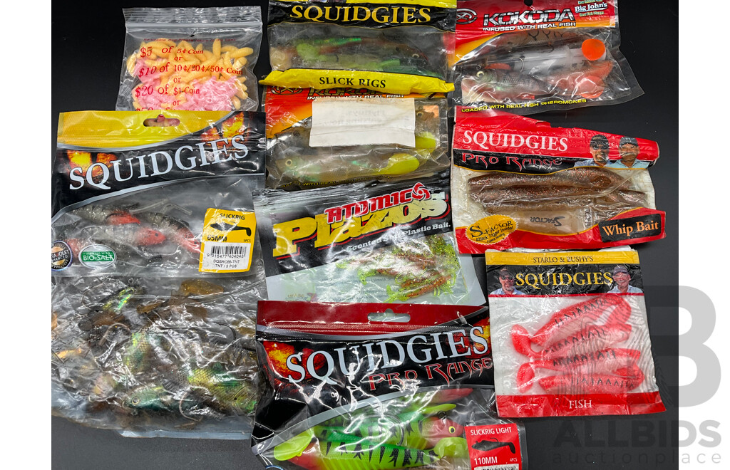 Assorted Fishing Baits and Lures - SQUIDGIES, KOKODA and Others - Lot of 10