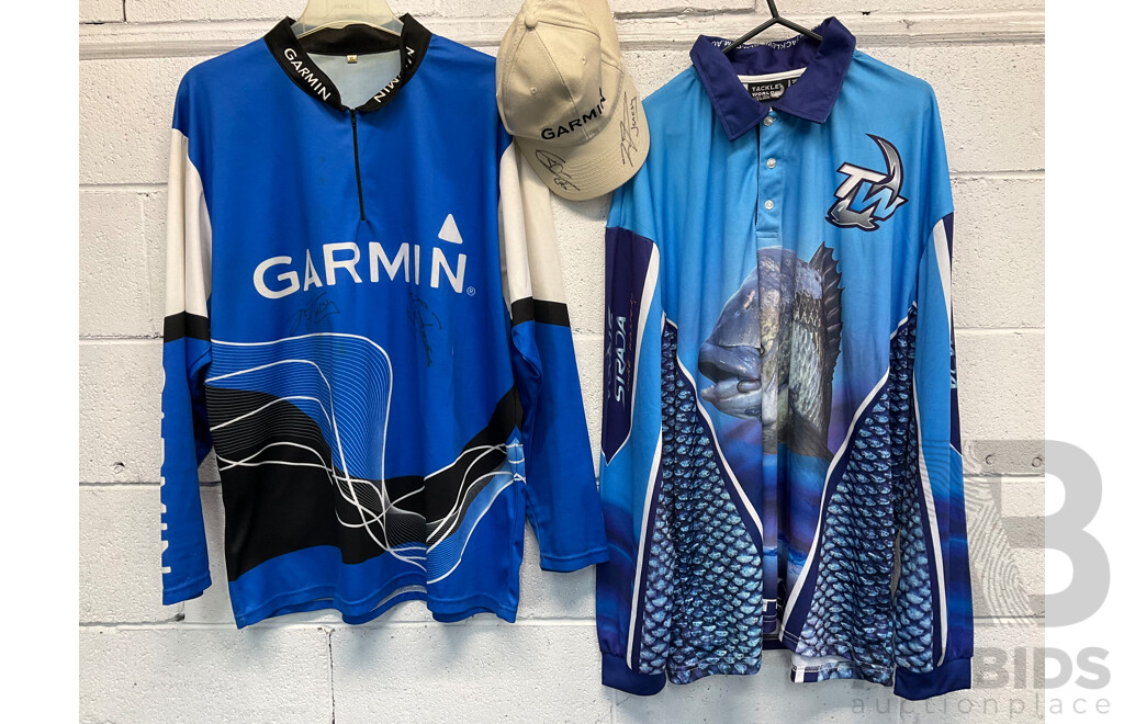 Fishing Jersey - GARMIN with Signatures XL and TACKLE WORLD 3XL, GARMIN Hat with Signatures - Lot of 3