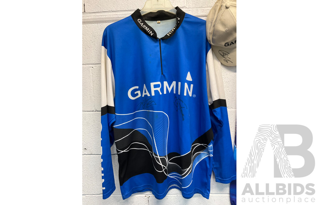 Fishing Jersey - GARMIN with Signatures XL and TACKLE WORLD 3XL, GARMIN Hat with Signatures - Lot of 3