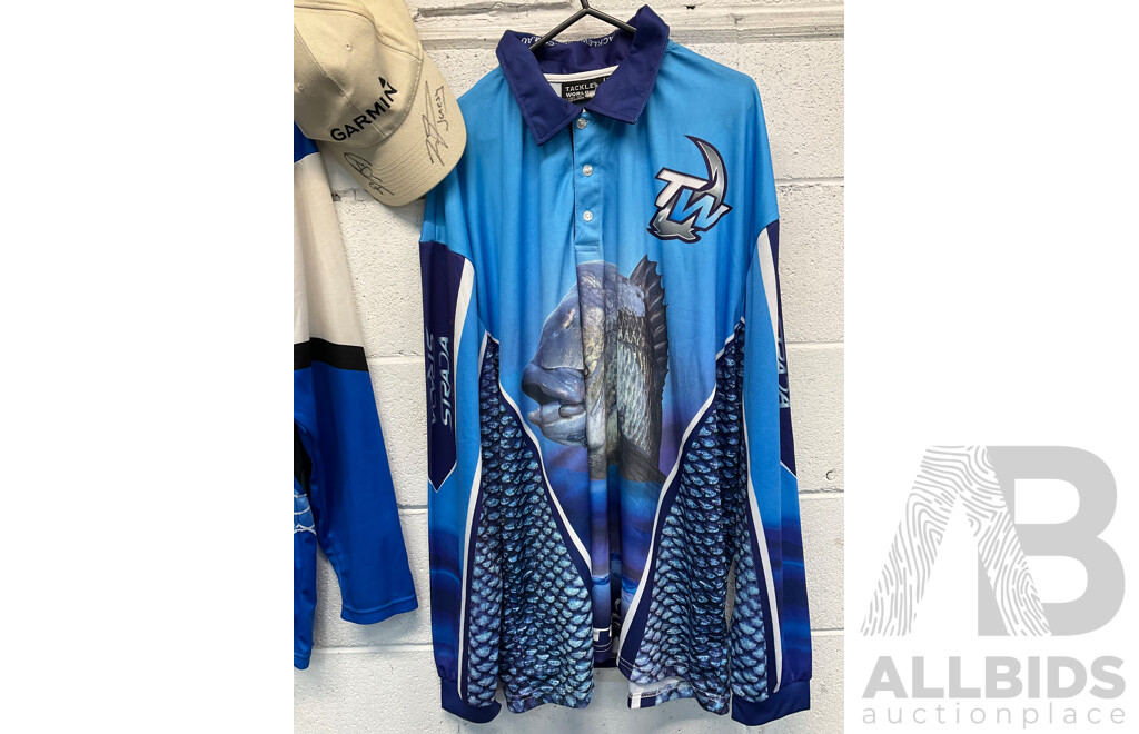 Fishing Jersey - GARMIN with Signatures XL and TACKLE WORLD 3XL, GARMIN Hat with Signatures - Lot of 3