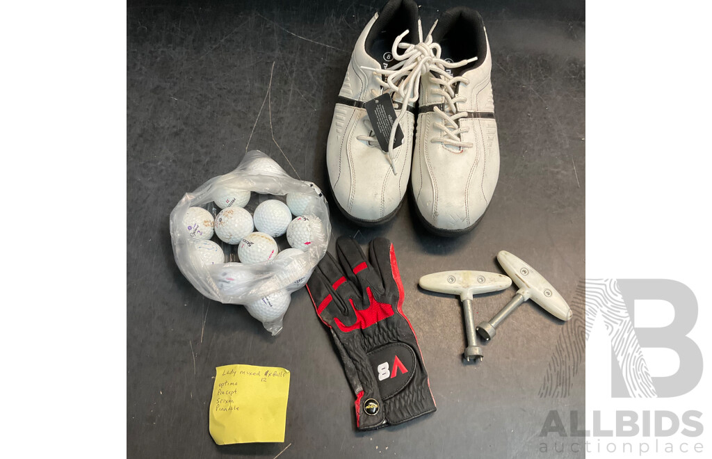Niblick Golf Shoes & Assorted Golf Balls & Stud Tightener & Glove