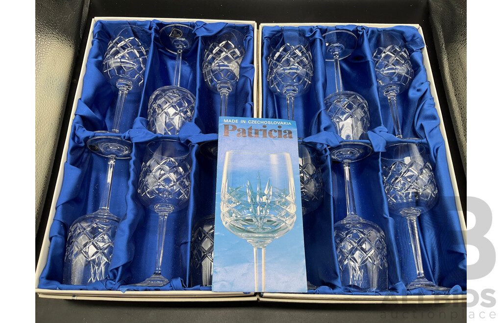 Two Set Six Bohemia Crystal PATRICIA Stem Glasses in Original Box