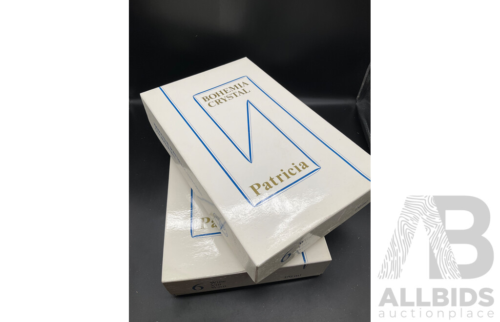 Two Set Six Bohemia Crystal PATRICIA Stem Glasses in Original Box