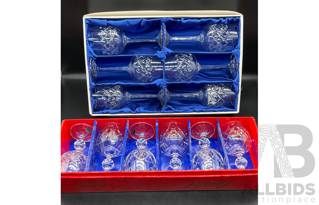 Set Six Bohemia Crystal PATRICIA Stem Glasses in Original Box and Set Six Bohemia Crystal BRISTOL Stem Glasses in Original Box