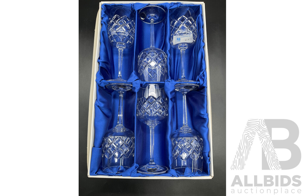 Set Six Bohemia Crystal PATRICIA Stem Glasses in Original Box and Set Six Bohemia Crystal BRISTOL Stem Glasses in Original Box