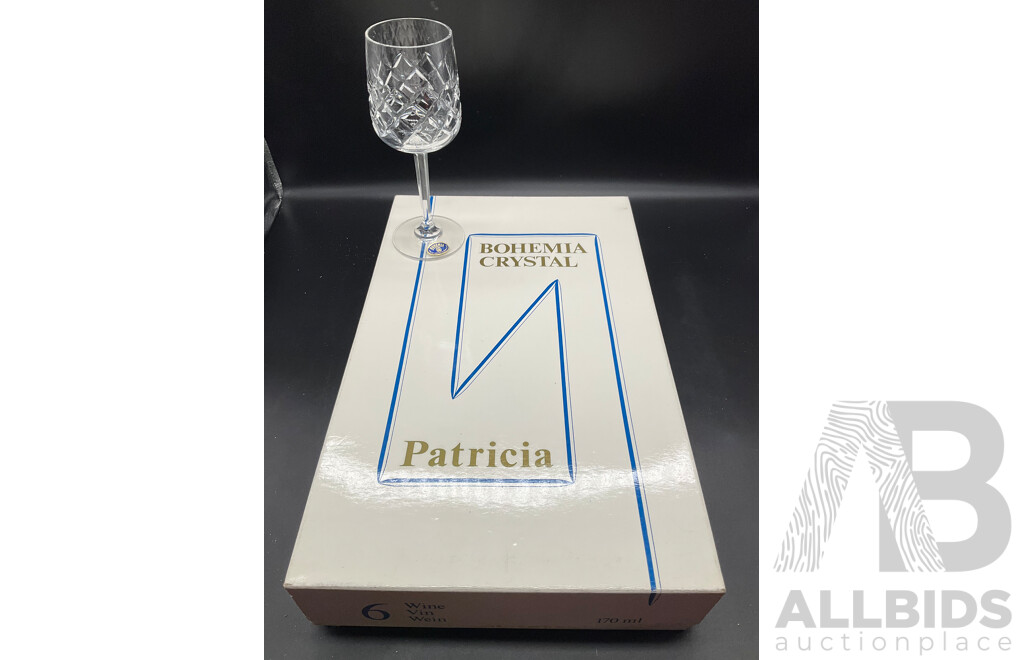 Set Six Bohemia Crystal PATRICIA Stem Glasses in Original Box and Set Six Bohemia Crystal BRISTOL Stem Glasses in Original Box
