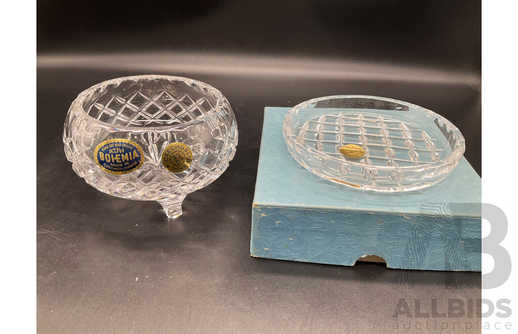 Retro Bohemia Crystal Pieces Comprising Decanter with Stopper, Set Three  Glasses, Three Legged Bowl and Tray