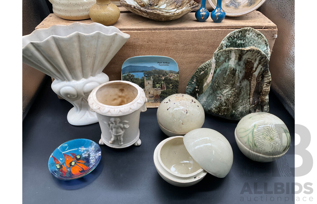 P. PUSELL Collection of Studio Pottery, Enameled Glass by Rose and Others - Lot of 16