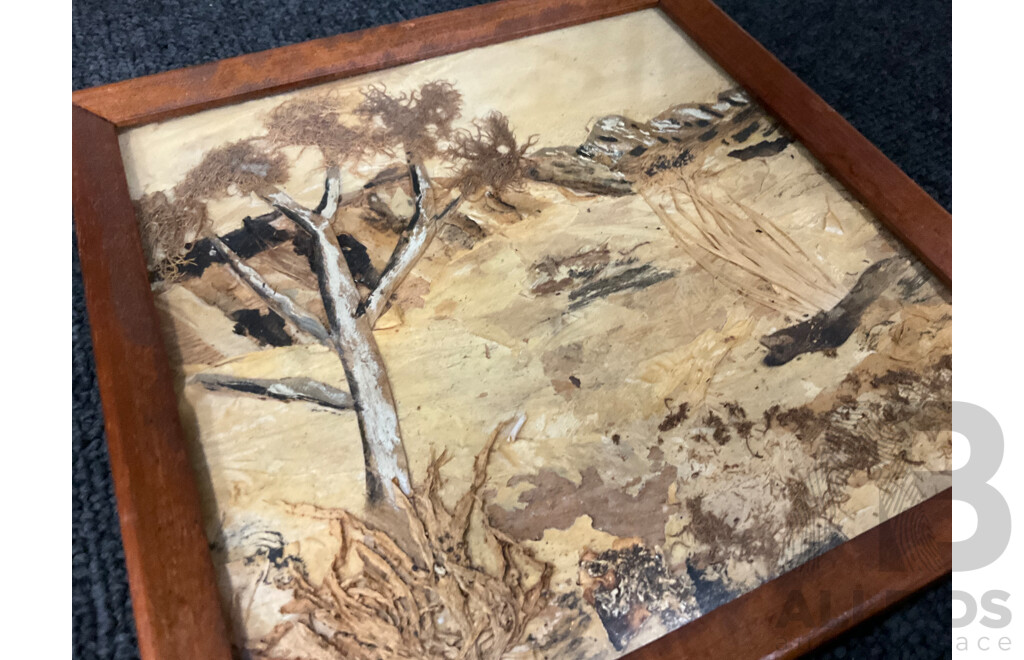 Artist Unknown - K.Shepherd,  ''The Settlers Hut'' - Paperbark Collage 31x26 Cm (frame) &  ''Scenery'' - Paperbark Collage 18x18 Cm (frame)