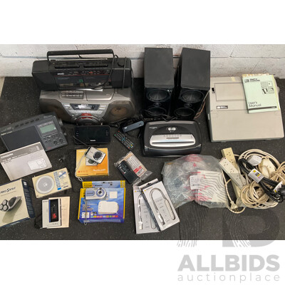 Assorted Vintage Audio Equipment, Including Digital Cameras, Radios, Cassette Player, Paper Shredder, Electronic Typewriter and Others