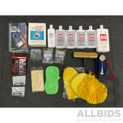 Assorted Car Cleaning Supplies and Multimeters