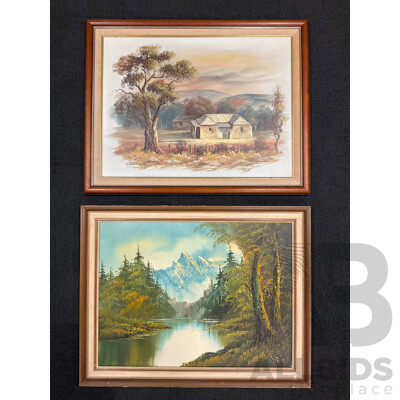 Artist Unknown - Schelkwyk,  ''Victoria 1963'' - Oil on Board 70x55 Cm (frame) & B.F. ''Mountains Scenery'' - Oil on Board 70x56 Cm (frame)