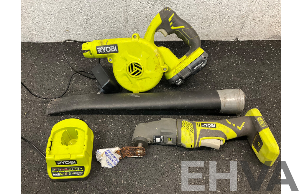 RYOBI One+ 18V Blower  (R18TB), Multi Tool (RMT1801), Battery 18V 2Ah and Battery Charger - Lot of 4