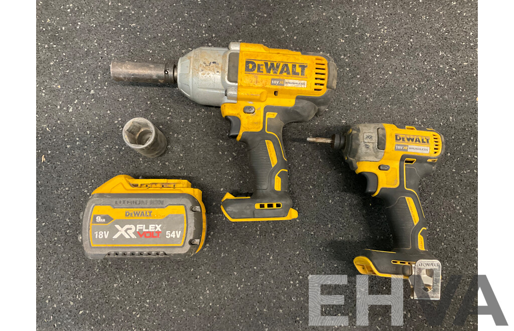 DeWALT Brushless 18V Impact Wrench (DCF899-XE), Cordless Impact Driver (DCF887-XE) and 9AH 18V Battery - Lot of 3