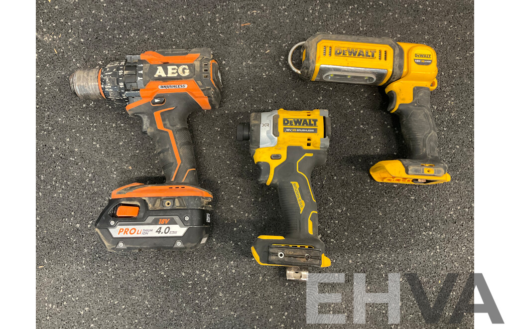 DeWALT 18V  Impact Driver (DCF860), Work Led Light (DCL050) and AEG 18V Hammer Drill (BSB18BL) with 4.0Ah Battery  - Lot of 4